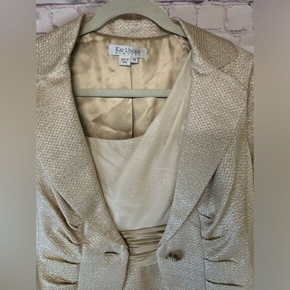 Kay Unger Cream Gold Tweed Silk Bodice Dress with Matching Silk Lined Jacket 10 - Picture 3 of 15